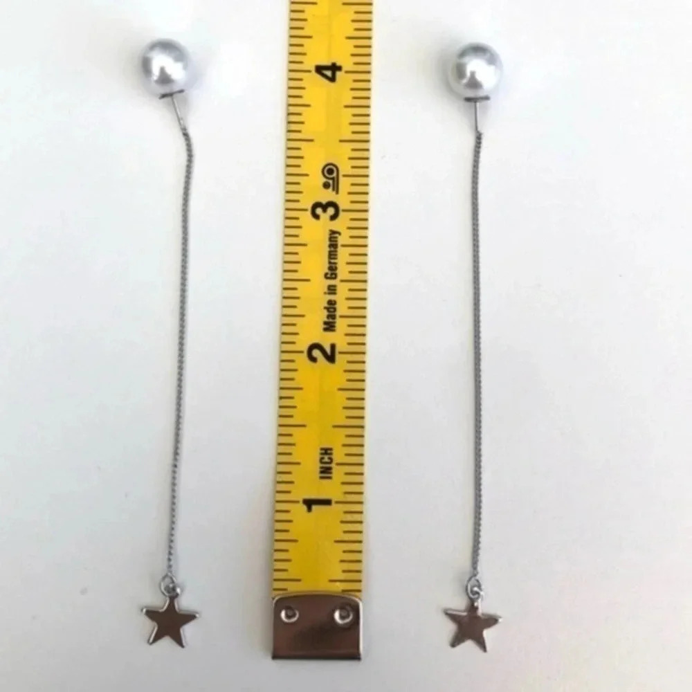 Stars Silver Tone Pearl Threader Earrings NWT - Picture 4 of 4